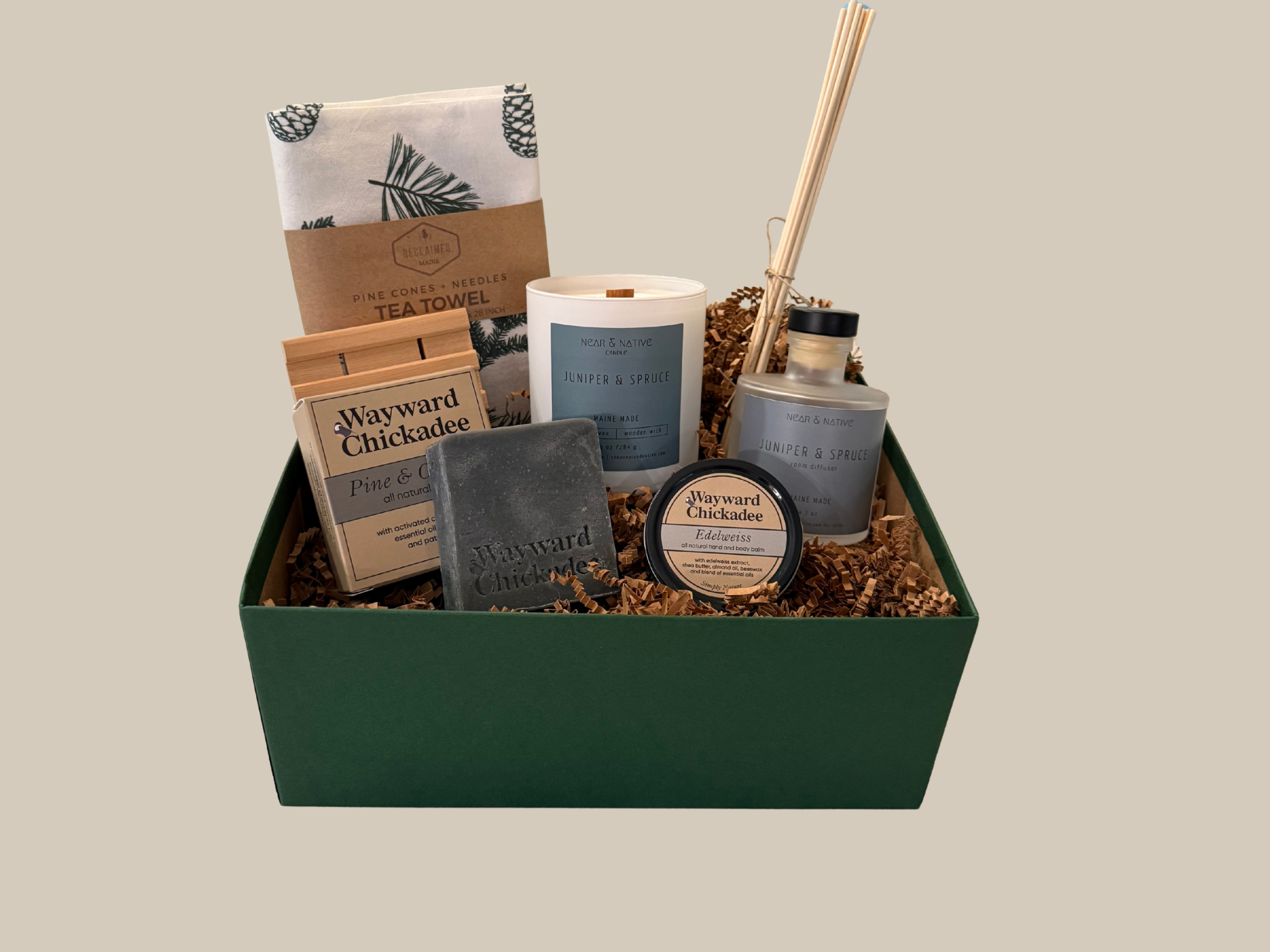 Gift basket with candles, soap, and other items