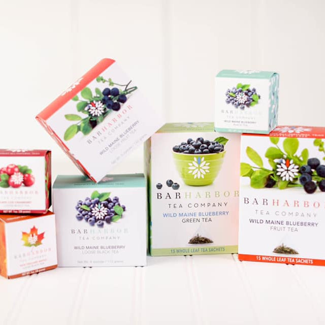 Collection of Bar Harbor Tea Company tea boxes on a white background
